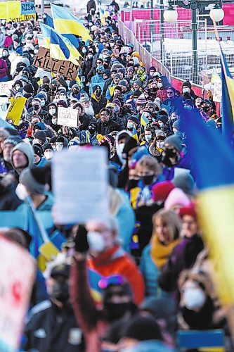 Daniel Crump / Winnipeg Free Press. Thousands gathered at the Manitoba legislature in Winnipeg Saturday evening to show their support for Ukraine. February 26, 2022.