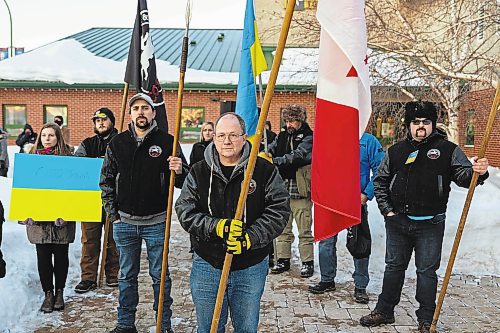 The Canadian National Riding and Dancing Cossacks and Company attends the Stand with Ukraine Rally in front of Dauphin City Hall Wednesday.(Chelsea Kemp/The Brandon Sun)