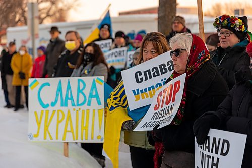 Community members gather for the Stand with Ukraine rally in front of Dauphin City Hall Wednesday. (Photos by Chelsea Kemp/The Brandon Sun)