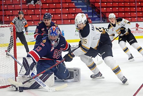 Marcus Kallionkieli of the Brandon Wheat Kings tries to get the puck past goalie Drew Sim of the Regina Pats during WHL action at Westoba Place on Wednesday evening. (Tim Smith/The Brandon Sun)