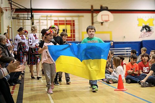 Meadows School students representing Ukraine parade through the gymnasium during the opening ceremonies for the fifth annual Culture Days at the school in 2018. (Tim Smith/The Brandon Sun)