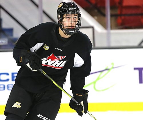 Eastyn Mannix had a busy evening and travel day to join the Brandon Wheat Kings for his WHL debut on Wednesday. He is shown at Wheat Kings practice at Westoba Place on Thursday afternoon. (Perry Bergson/The Brandon Sun)