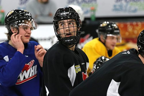Eastyn Mannix had a busy evening and travel day to join the Brandon Wheat Kings for his WHL debut on Wednesday. He is shown at Wheat Kings practice at Westoba Place on Thursday afternoon. (Perry Bergson/The Brandon Sun)
