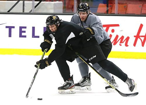 Rookie defenceman Eastyn Mannix battles with forward Brett Hyland during Brandon Wheat Kings practice at Westoba Place on Thursday afternoon. (Perry Bergson/The Brandon Sun)
