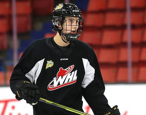 Eastyn Mannix had a busy evening and travel day to join the Brandon Wheat Kings for his WHL debut on Wednesday. He is shown at Wheat Kings practice at Westoba Place on Thursday afternoon. (Perry Bergson/The Brandon Sun)