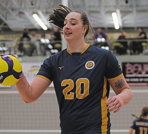 Brandon Sun Kaoane Loch had seven kills and eight blocks as the Brandon University Bobcats beat the Mantioba Bisons in five sets at the Healthy Living Centre on Saturday. (Thomas Friesen/The Brandon Sun)