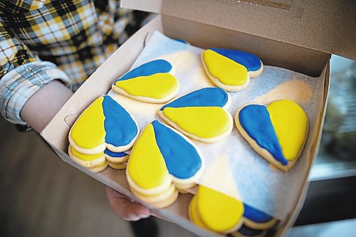 Daniel Crump / Winnipeg Free Press. Goodies Bake Shop on Ellice ave is selling heart shaped sugar cookies decorated with gold and blue icing to raise money for Ukraine. The &#x201c;Heart for Ukraine&#x201d; cookies have proven extremely popular and are selling out every day. March 5, 2022.