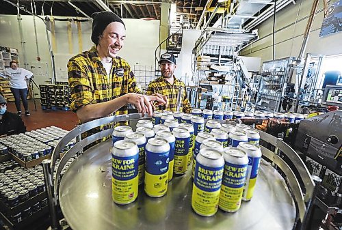 RUTH BONNEVILLE / WINNIPEG FREE PRESS



ENT - beer for Ukraine



Matthew Wolff (cap), Operations Manager at Torque Brewing, along with Kyle Maskiiw canning operator, are thrilled to start production of Ukraine Brew Friday.. Three thousand cans of the unique recipe will be produced with proceeds going to the Ukraine Crisis.  



Subject: Eight local craft breweries in Winnipeg are collaborating on a beer, with all proceeds going to a humanitarian relief fund in Ukraine. The beer recipe is from Pravda Brewing, a Ukrainian brewery based in Lviv.



The breweries collaborating are: Torque Brewing, Trans Canada Brewing, Nonsuch Brewing, Barn Hammer Brewing, One Great City Brewing, Devil May Care Brewing, Lake of the Woods Brewing, and Stone Angel Brewing.



Eva Wasney







April 8th,  2022