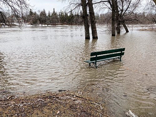 A partially submerged bench at Crescent Drive Park on Saturday afternoon. (Adam Treusch / Winnipeg Free Press)
