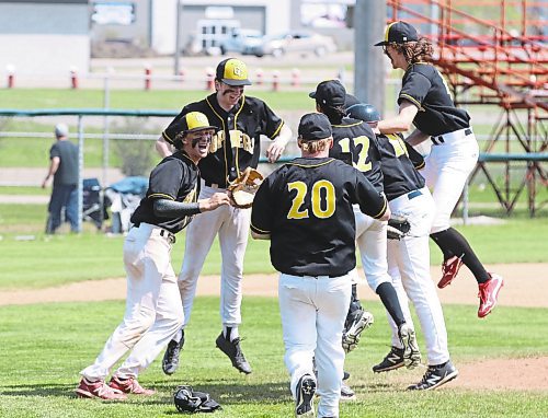 Members of the Garden City Fighting Gophers  celebrate after they beat the Stonewall Rams in the provincial high school baseball final at Brandon&#x2019;s Andrews Field on Saturday. (Perry Bergson/The Brandon Sun)