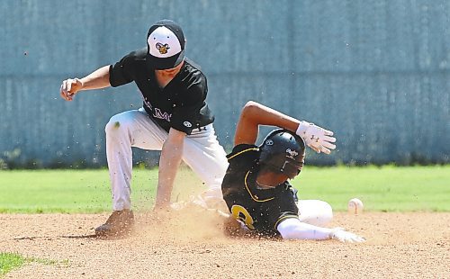 Garden City Fighting Gophers base runner Jordan Armstrong (8) slides safely into second for a stolen base as Stonewall Rams shortstop Bryce Meyers (2) tries to corral a bouncing ball during the provincial high school baseball final at Brandon’s Andrews Field on Saturday. (Perry Bergson/The Brandon Sun)
