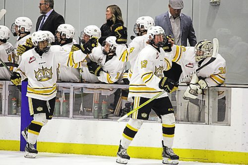 Cole Slobodian (#12) celebrates after scoring a goal for the Brandon Wheat Kings during the Manitoba AAA Under-18 Hockey League playoffs. The Brandonite was picked eighth overall by the Virden Oil Capitals in the 2022 MJHL Draft. (Lucas Punkari/The Brandon Sun)