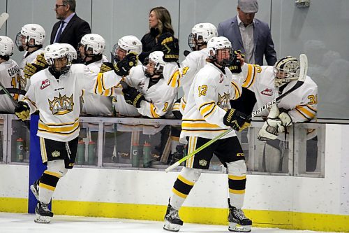 Cole Slobodian (#12) celebrates after scoring a goal for the Brandon Wheat Kings during the Manitoba AAA Under-18 Hockey League playoffs. The Brandonite was picked eighth overall by the Virden Oil Capitals in the 2022 MJHL Draft. (Lucas Punkari/The Brandon Sun)