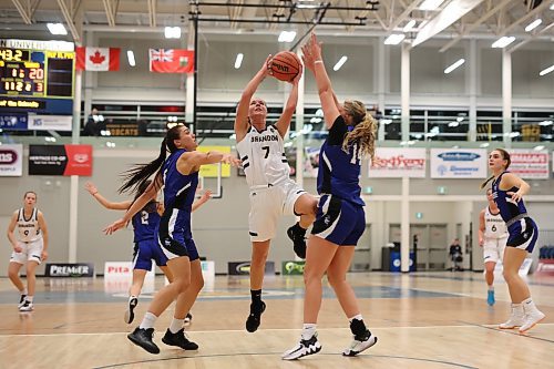 18112022
Reetta Tulkki #7 of the Brandon Bobcats leaps to take a shot on the net during university women’s basketball action against the University of Lethbridge Pronghorns at the BU Healthy Living Centre on Friday evening. (Tim Smith/The Brandon Sun)