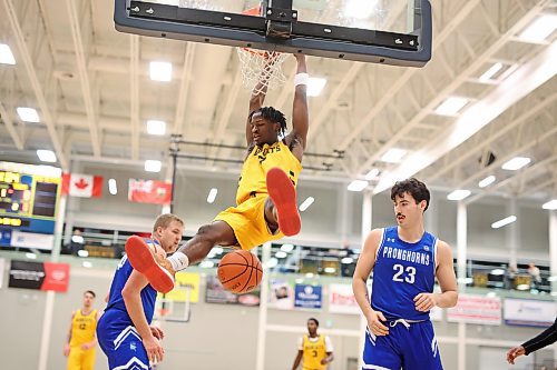 Anthony Tsegakele #7 of the Brandon Bobcats hangs from the net after dunking the ball during university men’s basketball action against the University of Lethbridge Pronghorns at the BU Healthy Living Centre on Friday evening. (Tim Smith/The Brandon Sun)