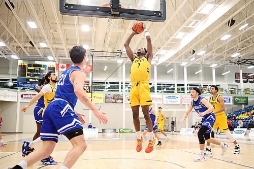 
Anthony Tsegakele #7 of the Brandon Bobcats leaps to take a shot on the net during university men’s basketball action against the University of Lethbridge Pronghorns at the BU Healthy Living Centre on Friday evening. (Tim Smith/The Brandon Sun)