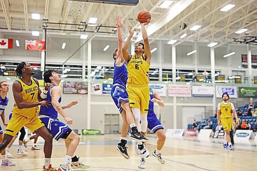 18112022
Dominique Dennis #6 of the Brandon Bobcats leaps to take a shot on the net during university men&#x2019;s basketball action against the University of Lethbridge Pronghorns at the BU Healthy Living Centre on Friday evening. (Tim Smith/The Brandon Sun)