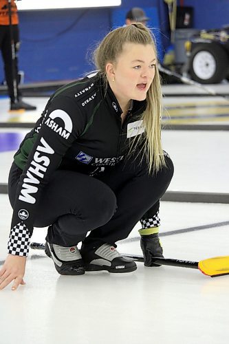 Katy Lukowich gives instructions to her sweepers during her rink's 7-1 win over Cheyenne Ehnes in the women's event final at the Sun Life Financial Junior Challenge. (Lucas Punkari/The Brandon Sun)