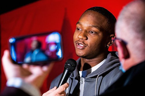 MIKAELA MACKENZIE / WINNIPEG FREE PRESS

Men&#x573; basketball player Emmanuel Thomas speaks the the media after the 54th Wesmen Classic was announced at the King&#x573; Head Pub in Winnipeg on Wednesday, Dec. 7, 2022. For Mike story.
Winnipeg Free Press 2022.