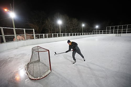 Josh Kruse takes shots on net while skating at the West End Community Centre on Thursday evening. (Tim Smith/The Brandon Sun)