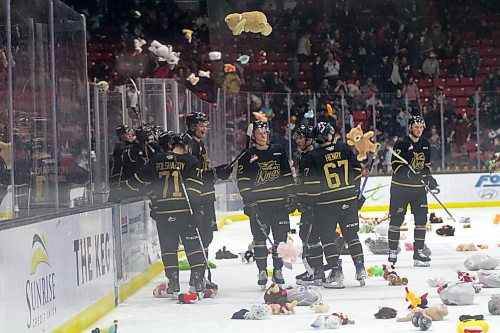 Nate Danielson scored the teddy bear-toss goal in the Brandon Wheat Kings 2-1 victory over the Spokane Chiefs in Western Hockey League action at Westoba Place on Saturday. (Thomas Friesen/The Brandon Sun)