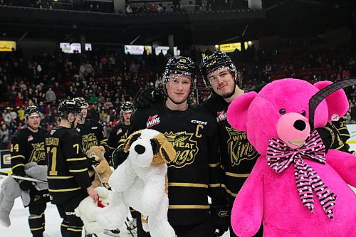 Nate Danielson, centre, scored the teddy bear-toss goal with an assist from Jake Chiasson, right, in the Brandon Wheat Kings 2-1 victory over the Spokane Chiefs in Western Hockey League action at Westoba Place on Saturday. (Thomas Friesen/The Brandon Sun)