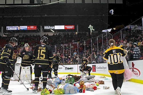 Nate Danielson scored the teddy bear-toss goal in the Brandon Wheat Kings 2-1 victory over the Spokane Chiefs in Western Hockey League action at Westoba Place on Saturday. (Thomas Friesen/The Brandon Sun)