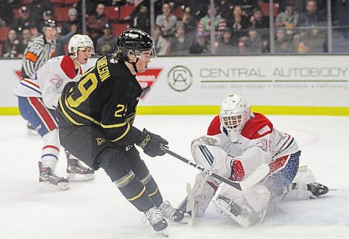 Nate Danielson gets stopped by goaltender Dawson Cowan on a breakaway during the Brandon Wheat Kings 2-1 victory over the Spokane Chiefs in Western Hockey League action at Westoba Place on Saturday. (Thomas Friesen/The Brandon Sun)