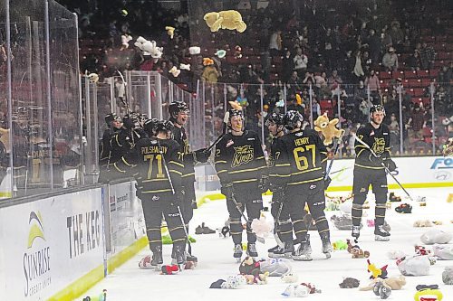 Nate Danielson scored the teddy bear-toss goal in the Brandon Wheat Kings 2-1 victory over the Spokane Chiefs in Western Hockey League action at Westoba Place on Saturday. (Thomas Friesen/The Brandon Sun)