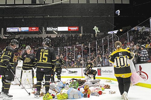 Nate Danielson scored the teddy bear-toss goal in the Brandon Wheat Kings 2-1 victory over the Spokane Chiefs in Western Hockey League action at Westoba Place on Saturday. (Thomas Friesen/The Brandon Sun)