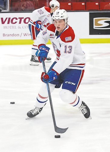 Spokane Chiefs forward Grady Lane, shown during warmup prior to Saturday&#x2019;s game against the Brandon Wheat Kings, returned to Westoba Place for the first time since he played with the under-15 AAA Southwest Cougars. (Perry Bergson/The Brandon Sun)