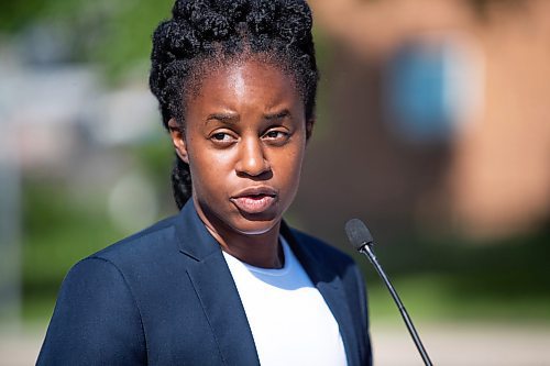 Daniel Crump / Winnipeg Free Press. Uzoma Asagwara, MLA for Union Station, speaks during a press conference to announce the acquisition of a Mobile Overdose Prevention Site (MOPS) at Sunshine House, Friday morning. July 8, 2022.