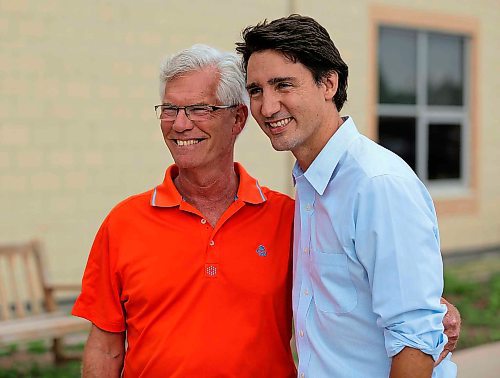 Winnipeg South Centre candidate, Jim Carr, and Liberal Party of Canada, Justin Trudeau at the Israeli Folklorama Pavillion, Friday, August 15, 2014. (TREVOR HAGAN/WINNIPEG FREE PRESS)