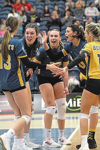 The Brandon University Bobcats women's volleyball team celebrates a Syree Tucker (13) kill during the first semester of Canada West action. (Thomas Friesen/The Brandon Sun)