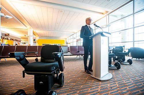 MIKAELA MACKENZIE / WINNIPEG FREE PRESS
Kerry Renaud, North American CEO of Scootaround / WHILL, speaks to the media at the press conference about the new self-driving wheelchairs (the first of their kind in North America) at the Winnipeg James Armstrong Richardson International Airport in Winnipeg on Tuesday, Dec. 13, 2022. For Marty Cash story.
Winnipeg Free Press 2022.