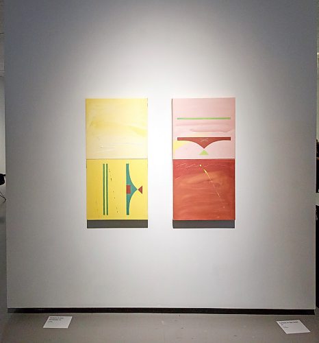 MIKE DEAL / WINNIPEG FREE PRESS
(from left) Parfleche for Edna Manitowabi, 1999, oil on canvas, and Parfleche for Alex Janvier, 1999, oil on canvas.
Robert Houle at the the Winnipeg Art Gallery-Qaumajuq for the preview of his third solo show at the WAG-Qaumajuq, Robert Houle: Red is Beautiful. 
See Alan Small story
221006 - Thursday, October 06, 2022.