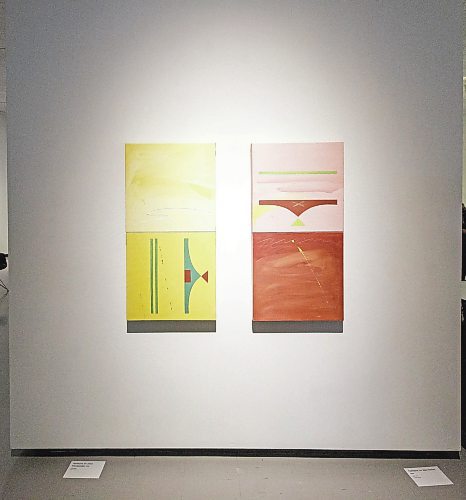MIKE DEAL / WINNIPEG FREE PRESS
(from left) Parfleche for Edna Manitowabi, 1999, oil on canvas, and Parfleche for Alex Janvier, 1999, oil on canvas.
Robert Houle at the the Winnipeg Art Gallery-Qaumajuq for the preview of his third solo show at the WAG-Qaumajuq, Robert Houle: Red is Beautiful. 
See Alan Small story
221006 - Thursday, October 06, 2022.