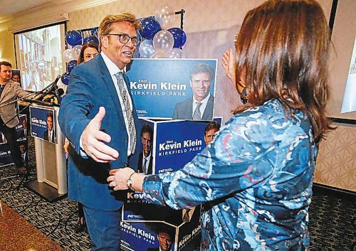 Progressive Conservative candidate Kevin Klein is congratulated by Premier Heather Stefanson after winning the Kirkfield Park byelection on Tuesday evening. (Winnipeg Free Press)