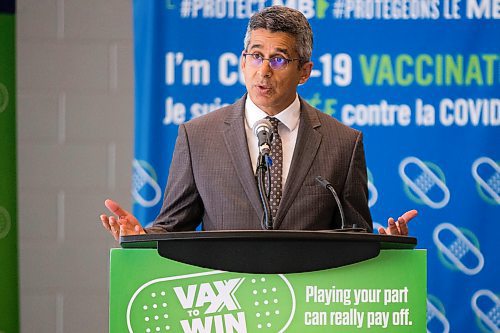 MIKAELA MACKENZIE / WINNIPEG FREE PRESS



President and CEO of Manitoba Liquor and Lotteries, Manny Atwal, speaks at a Vax to Win winner announcement at the RBC Convention Centre vaccination supersite in Winnipeg on Tuesday, Oct. 5, 2021. For Gabby story.

Winnipeg Free Press 2021.