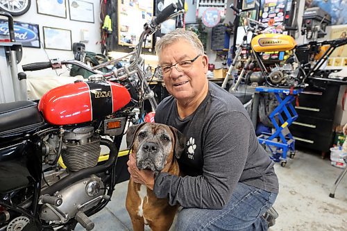Lex Langston and assistant mechanic Phoebe the mastiff/boxer cross show off a BSA B50 500cc motorcycle that they've been restoring for the last two years. (Colin Slark/The Brandon Sun)
