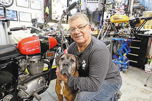 Lex Langston and assistant mechanic Phoebe the mastiff/boxer cross show off a BSA B50 500cc motorcycle that they've been restoring for the last two years. (Colin Slark/The Brandon Sun)