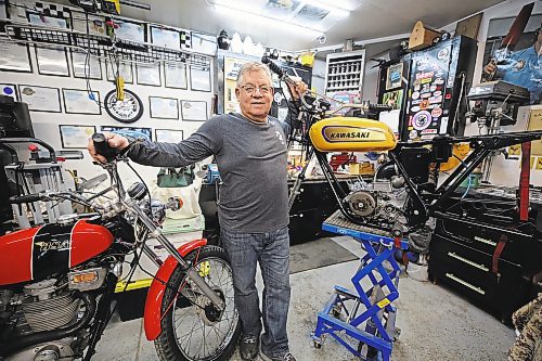 The yellow Kawasaki motorcycle to Lex Langston's right is the third in a series of bikes from the same manufacturer and model year he's been restoring for the past four years. To his right is a BSA B50 bike he's been working on for the last two years. Both were favourites of his when he was younger. (Colin Slark/The Brandon Sun)