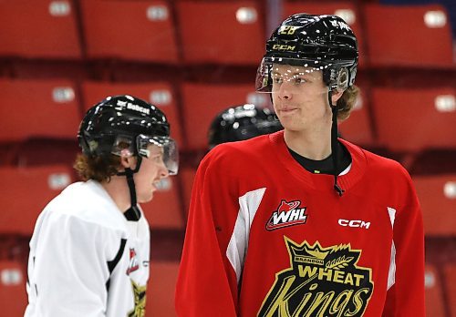 Forward Ben Thornton skates after Wheat Kings practice at Westoba Place in a red, no-hit jersey. He was injured on Oct. 14 and will likely return to the lineup after Christmas. (Perry Bergson/The Brandon Sun)
