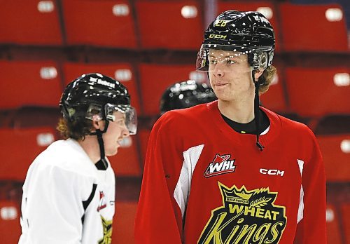 Forward Ben Thornton skates after Wheat Kings practice at Westoba Place in a red, no-hit jersey. He was injured on Oct. 14 and will likely return to the lineup after Christmas. (Perry Bergson/The Brandon Sun)