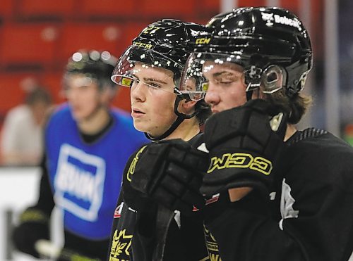 Brandon Wheat Kings defenceman Luke Shipley, shown in the middle between Andrei Malyavin and Quinn Mantei at a team practice at Westoba Place, has brought some missing elements to the team's blue-line. (Perry Bergson/The Brandon Sun)