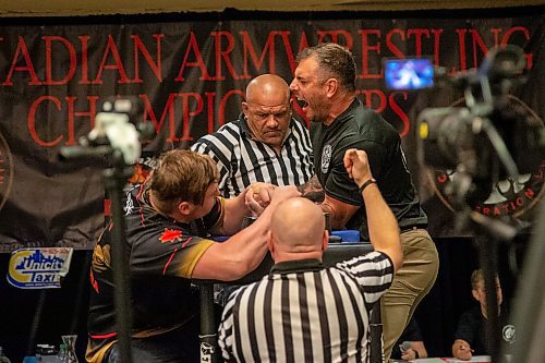 ETHAN CAIRNS / WINNIPEG FREE PRESS

A Member of the Manitoba Arm Wrestling Association participates in the Canadian Arm Wrestling Championships at Canad Inns Destination Centre on Sunday, July 3, 2022