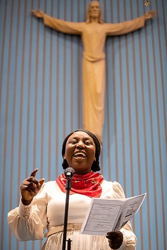 Daniel Crump / Winnipeg Free Press. Pelumi Ruth Enejoh sings Christmas songs during Carols of Christmas: The Greatest Story Ever Told at the Apostolic Faith Church in Winnipeg. December 18, 2022.