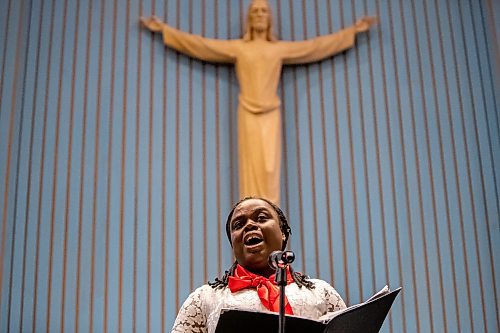 Daniel Crump / Winnipeg Free Press. A person sings Christmas songs during Carols of Christmas: The Greatest Story Ever Told at the Apostolic Faith Church in Winnipeg. December 18, 2022.