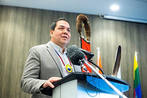 MIKAELA MACKENZIE / WINNIPEG FREE PRESS

Treaty One chairperson chief Gordon Bluesky speaks at a press conference announcing that Naawi-Oodena was officially converted to reserve, which will be developed into residential and commercial space starting in the spring of 2023, in Winnipeg on Monday, Dec. 19, 2022. For Gabby story.
Winnipeg Free Press 2022.