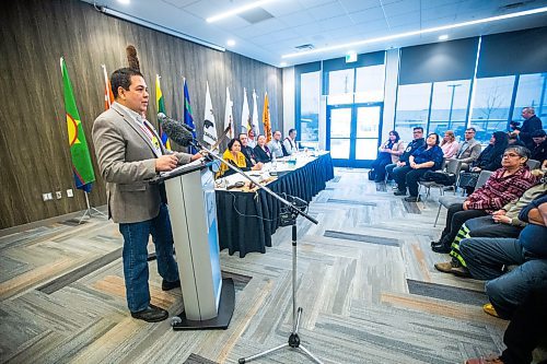 MIKAELA MACKENZIE / WINNIPEG FREE PRESS

Treaty One chairperson chief Gordon Bluesky speaks at a press conference announcing that Naawi-Oodena was officially converted to reserve, which will be developed into residential and commercial space starting in the spring of 2023, in Winnipeg on Monday, Dec. 19, 2022. For Gabby story.
Winnipeg Free Press 2022.